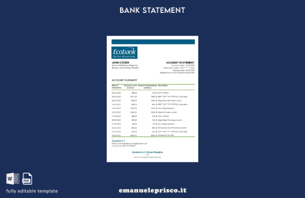 modello Excel di estratto conto bancario Ecobank della Repubblica Centrafrican 1